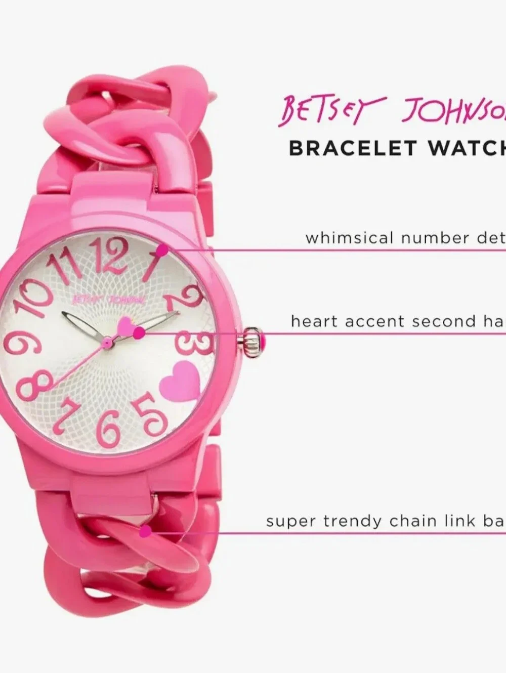 Betsey Johnson Watch Curb Chain Wristwatch Quartz Movement Pink Strap Works